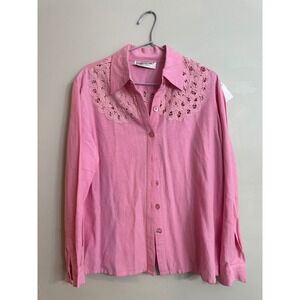 90's Vintage Brownstone Studio Pink Linen Lace Button Up Shirt Coquette Western